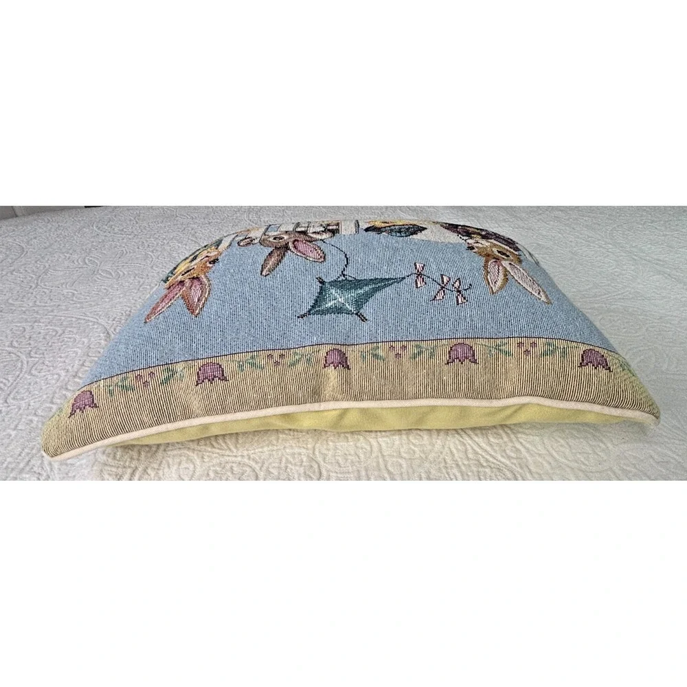 Vintage Tapestry Easter Pillow Rabbits Chicks Farm Scene Needlepoint Style Decor